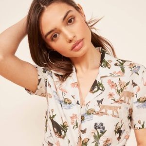 $128 REFORMATION Linen Animal Janeiro Print Top